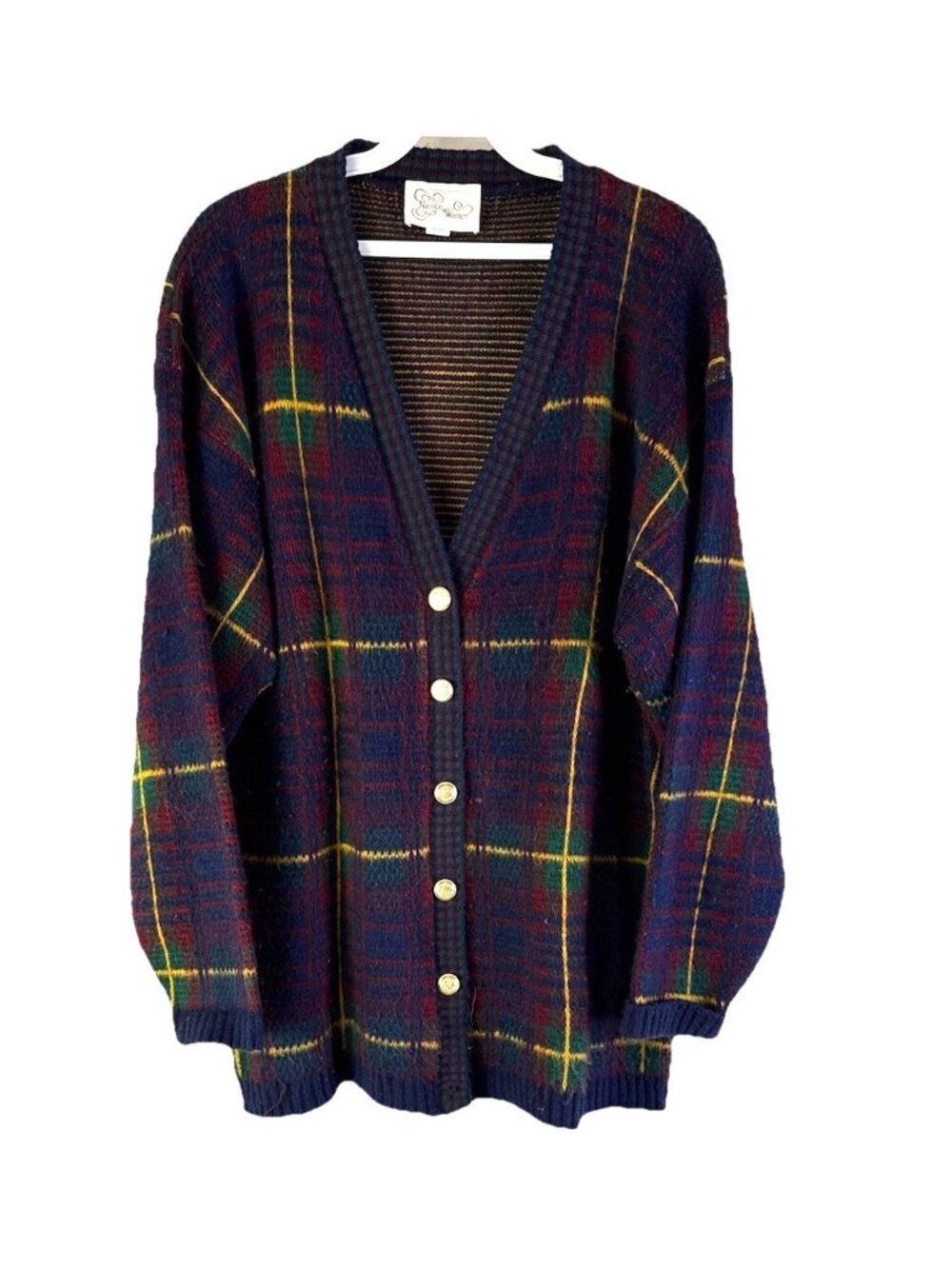 Vintage 80s Grunge Rainbow Plaid Baggy Cardigan Sweater USA